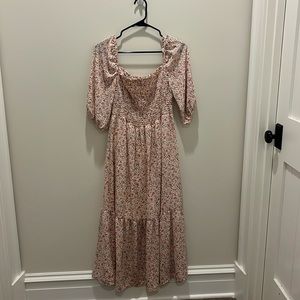 Pink Blush Maternity Dress - Light Pink floral smocked midi dress